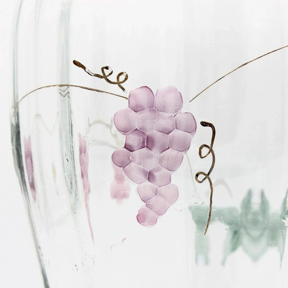 Vintage Large Glass Vase Etched Grape Design Hand Painted Accents by Wine Things